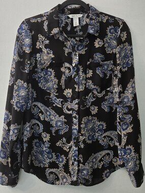 WHBM Black with Blue Paisley pattern Chiffon Long Sleeve Button Up Blouse Sz 8